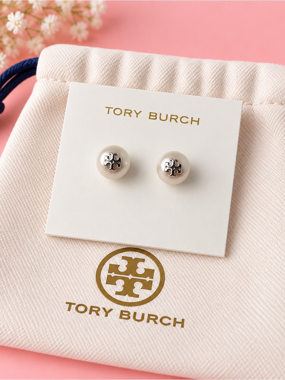 Tory Burch Pearl Logo Stud Earrings - Cream and Gold Logo